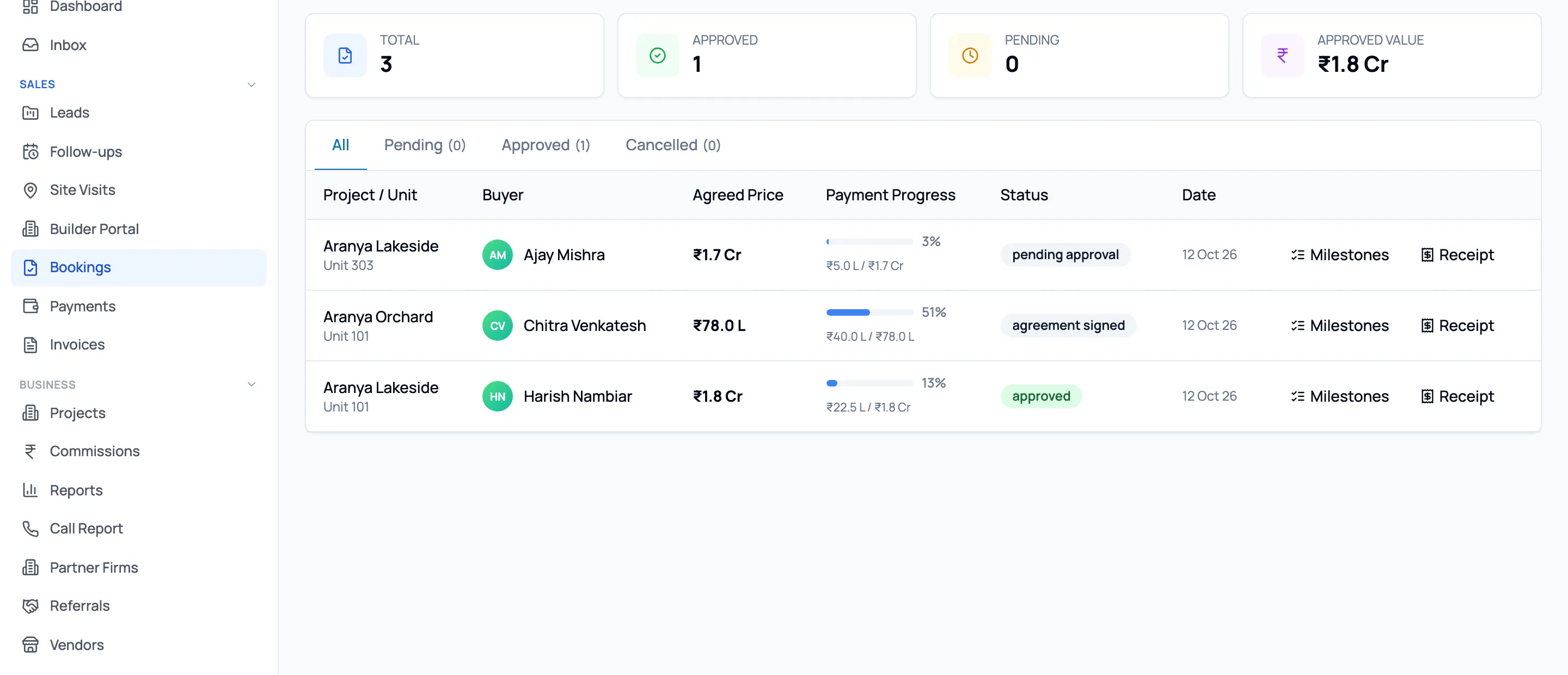 Bookings & payments in Realease CRM